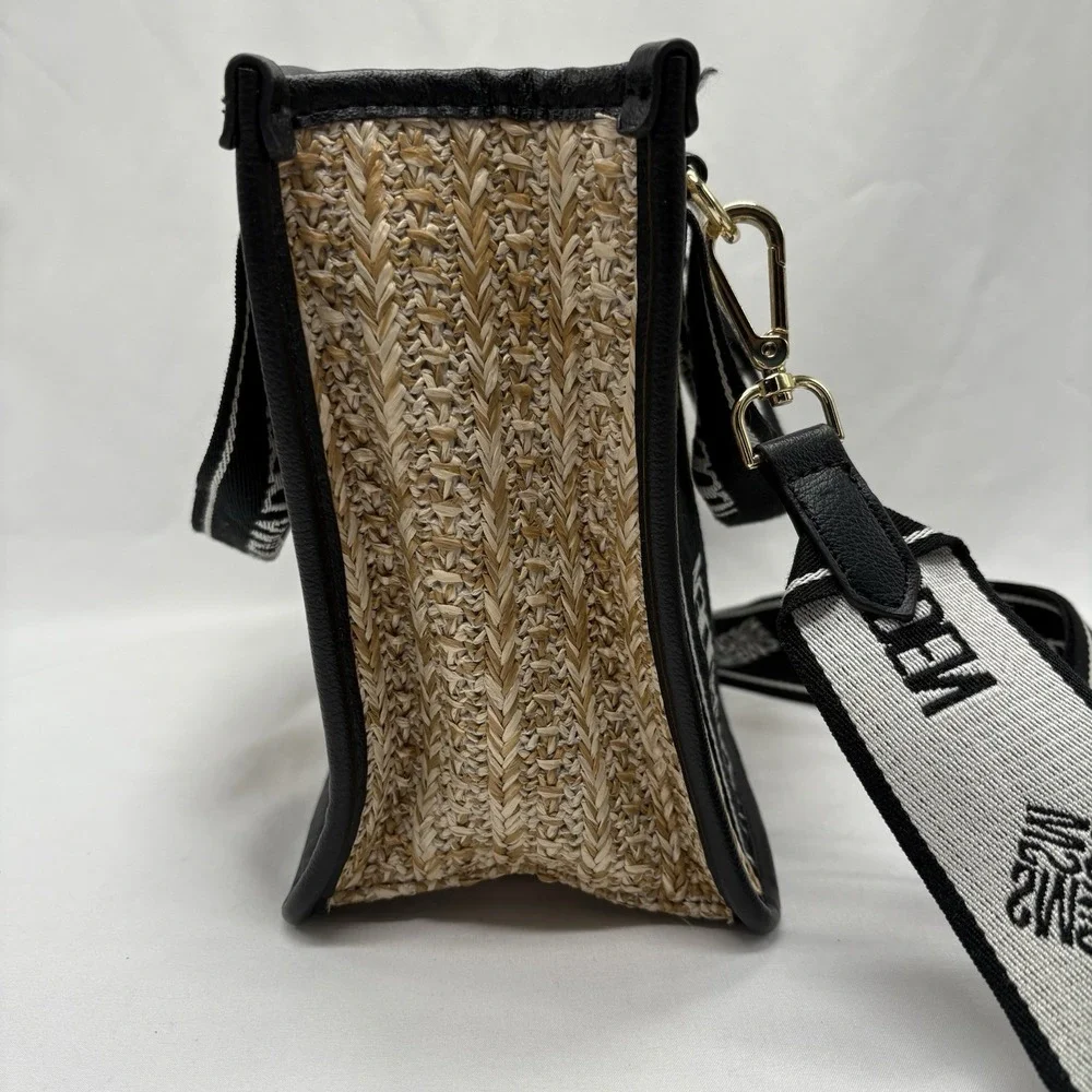 Steve Madden Womens Black Bwebber Straw Satchel Crossbody Purse Bag Earbud Case‎